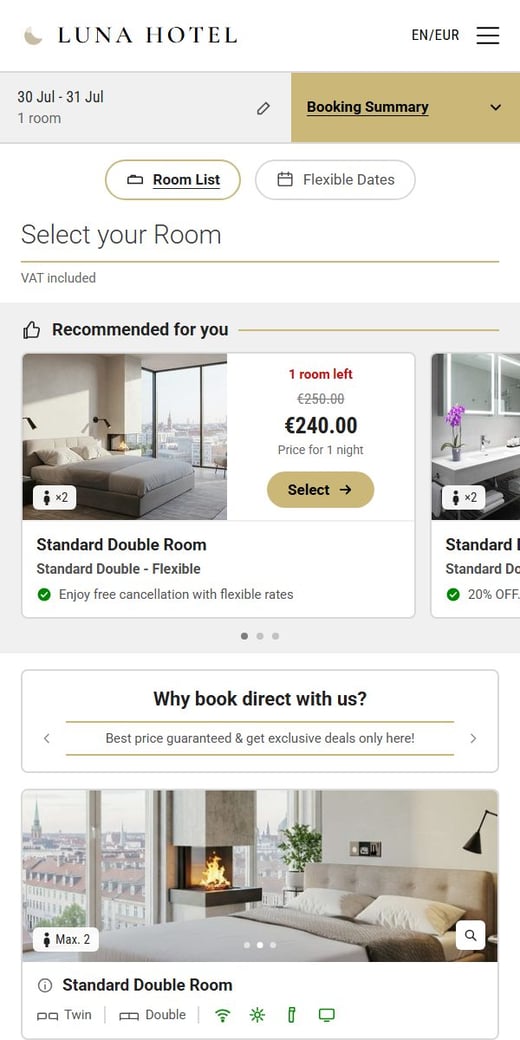 Bookassist Booking Platform room list on mobile, rooms rates and offers