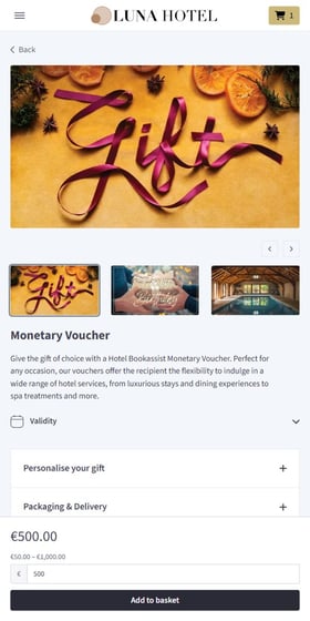 Gift voucher product page on mobile, choosing a voucher amount