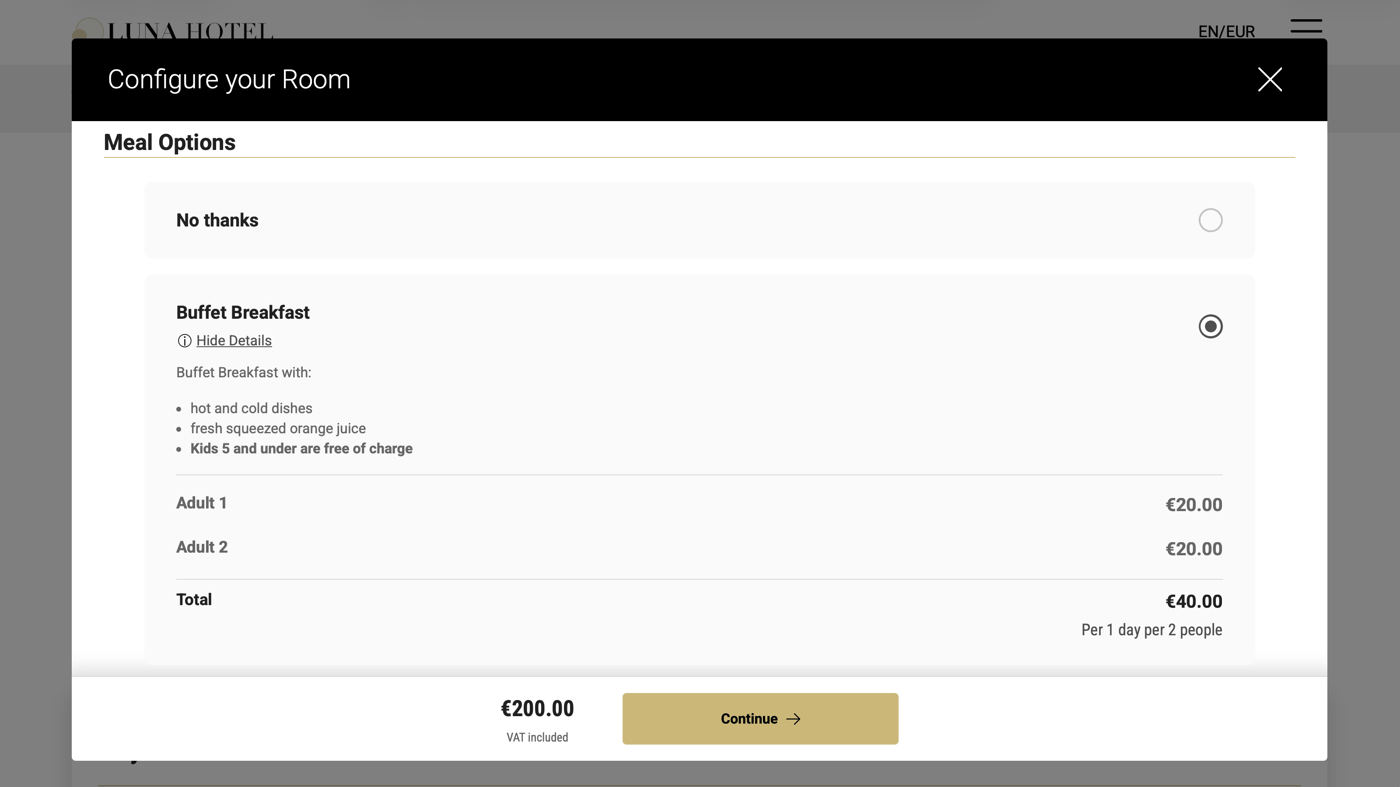 Meal options on Booking Platform on Desktop
