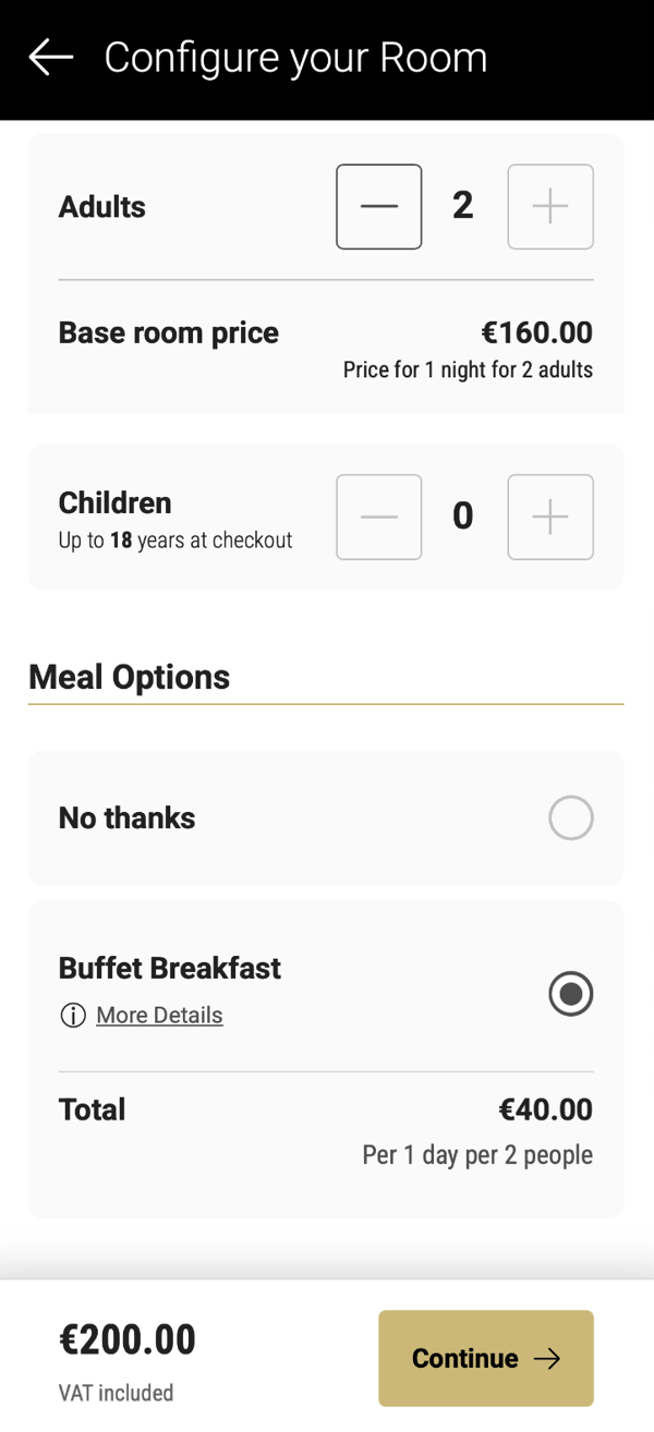 Meal options on Booking Platform on Mobile