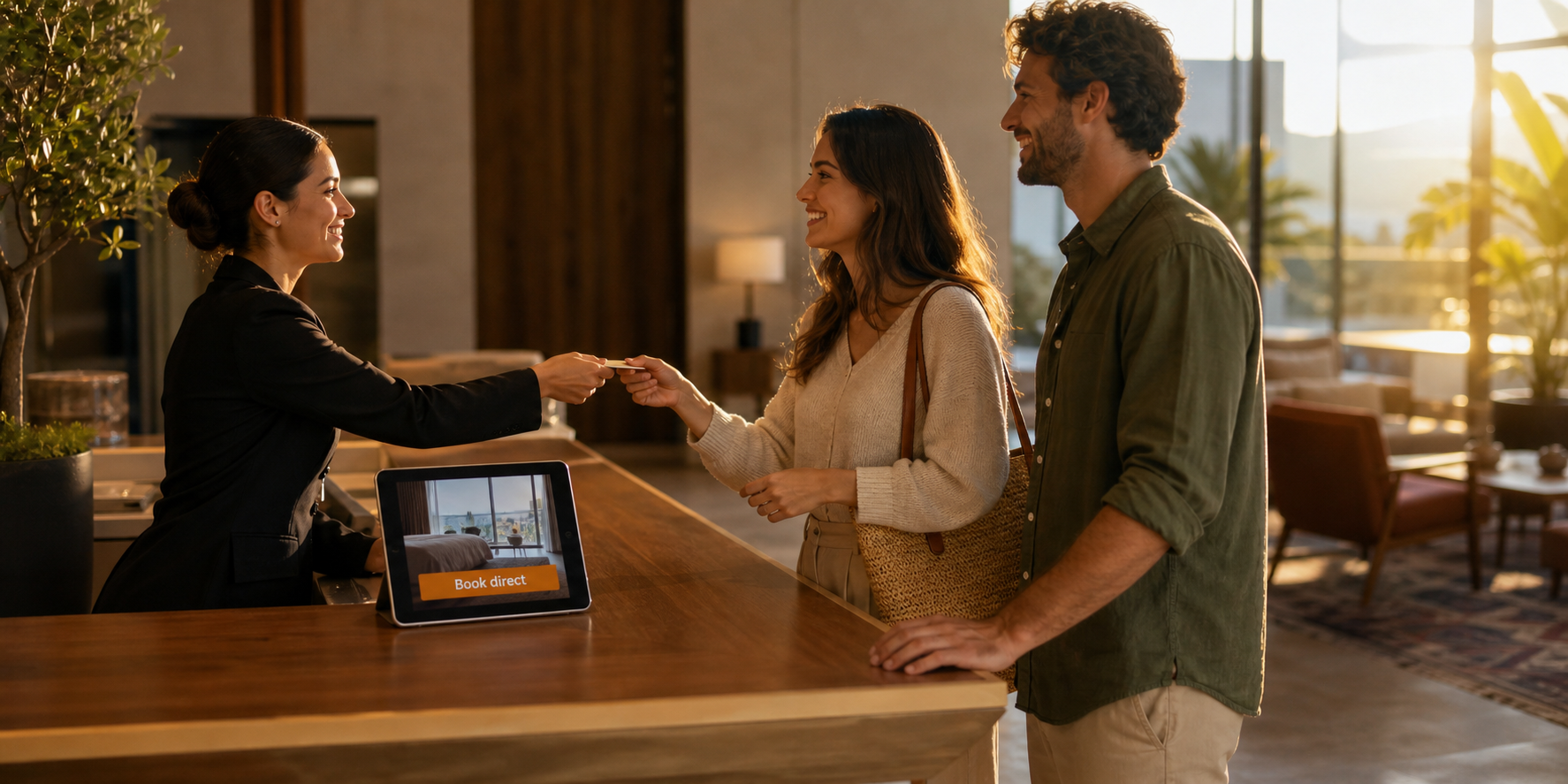 Hotel receptionist welcoming guests who booked direct at a boutique hotel front desk