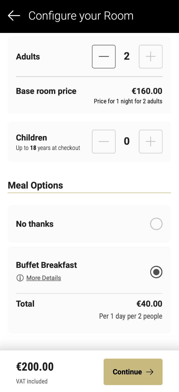 Meal options on Booking Platform on Mobile